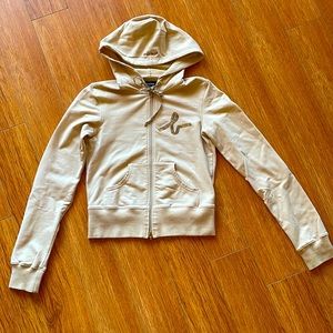 BEBE ZIP-UP SWEATSHIRT. BEIGE. SMALL.